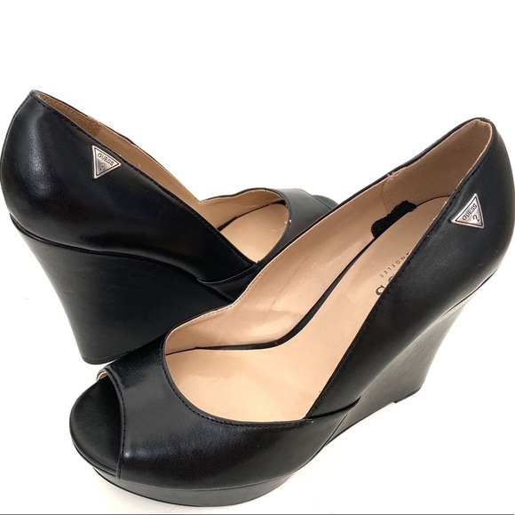 Guess Shoes - Guess LA black leather peep toe wedges NWOB